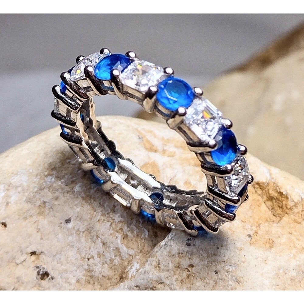 925 Sterling Silver CZ Blue Sapphire Cocktail Ring Size 8